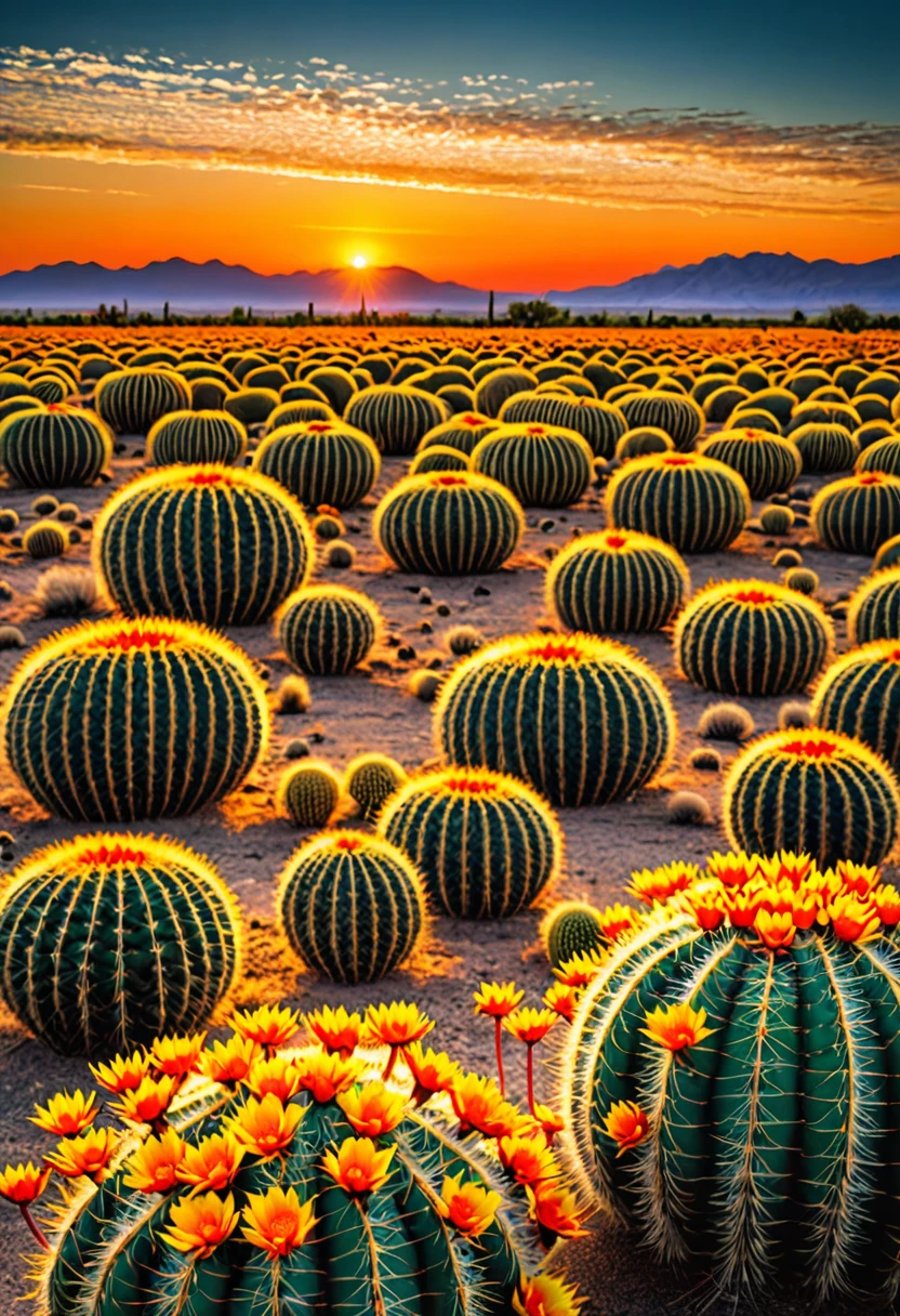 Breathtaking photography. An alien planet with exotic vegetation. Pre-dawn with a hint of light on the horizon. A blooming cactus garden in foreground. Far-reaching fields of golden wheat in background. Award-winning, professional, highly detailed. (HDR (High Dynamic Range), vibrant colors, high contrast, detailed, UltraHD, 8K, cinematic, 80mm, high detail)