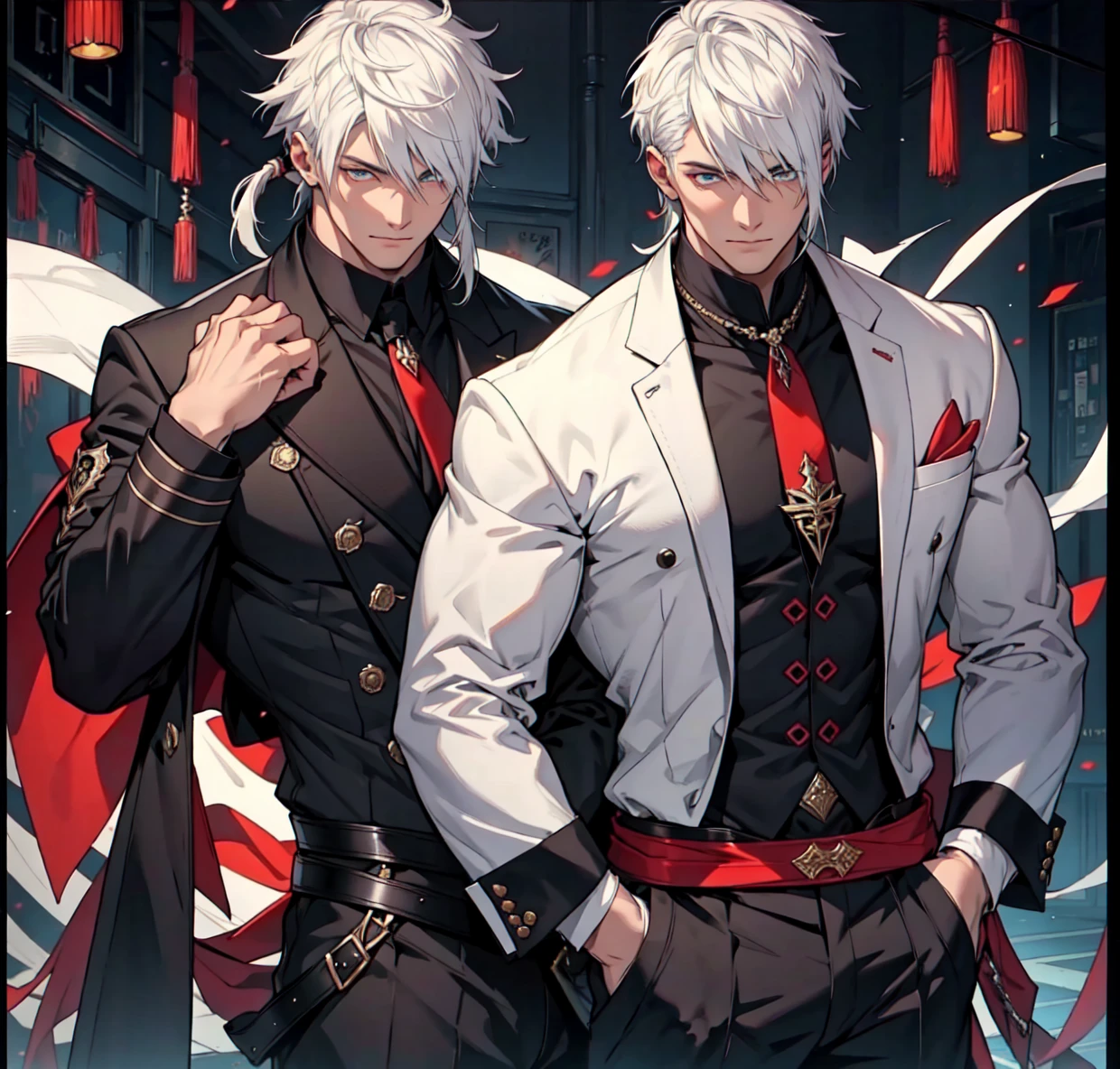 2 Well-dressed men White hair Different haircuts Two eyes 