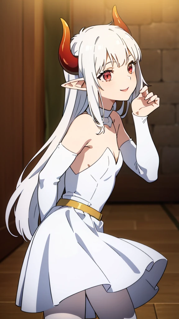 1girl,16s,small size,solo,white short dress,white hair,long hair,elf ears,horns,white pantyhose,cleavage,red eyes,gold tiara,((no background)),talking,happy,smile,separated lips,back view,hand_on_own_cheek,looking to side,head up
