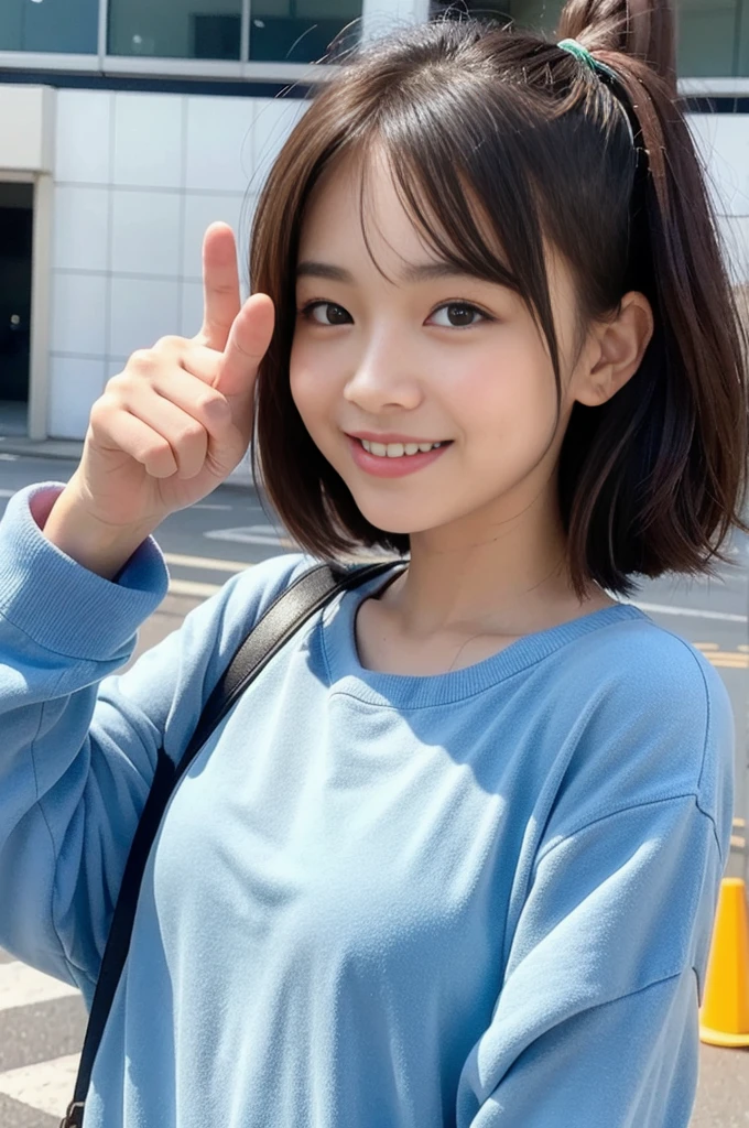 (8K, RAW Photos, Highest quality、masterpiece:1.2), (Realistic、Realistic:1.37), A cheerful young woman looking directly at the camera with a friendly, inviting smile. She is making a thumbs-up gesture with one hand, while the other hand is pointing towards an imaginary 'like' button. The woman is wearing casual, trendy clothes and has a modern hairstyle. The background is a soft, blurred social media-style interface with recognizable icons for 'like' and 'save'. Above her head is a speech bubble containing the text 'いいね！and save it&#39; in Japanese characters. The lighting is bright and flattering, emphasizing her positive expression. The overall composition suggests a social media post or video thumbnail, encouraging viewer interaction.