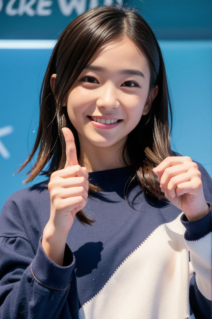 (8K, RAW Photos, Highest quality、masterpiece:1.2), (Realistic、Realistic:1.37), A cheerful young woman looking directly at the camera with a friendly, inviting smile. She is making a thumbs-up gesture with one hand, while the other hand is pointing towards an imaginary 'like' button. The woman is wearing casual, trendy clothes and has a modern hairstyle. The background is a soft, blurred social media-style interface with recognizable icons for 'like' and 'save'. Above her head is a speech bubble containing the text 'いいね!and save it' in Japanese characters. The lighting is bright and flattering, emphasizing her positive expression. The overall composition suggests a social media post or video thumbnail, encouraging viewer interaction.