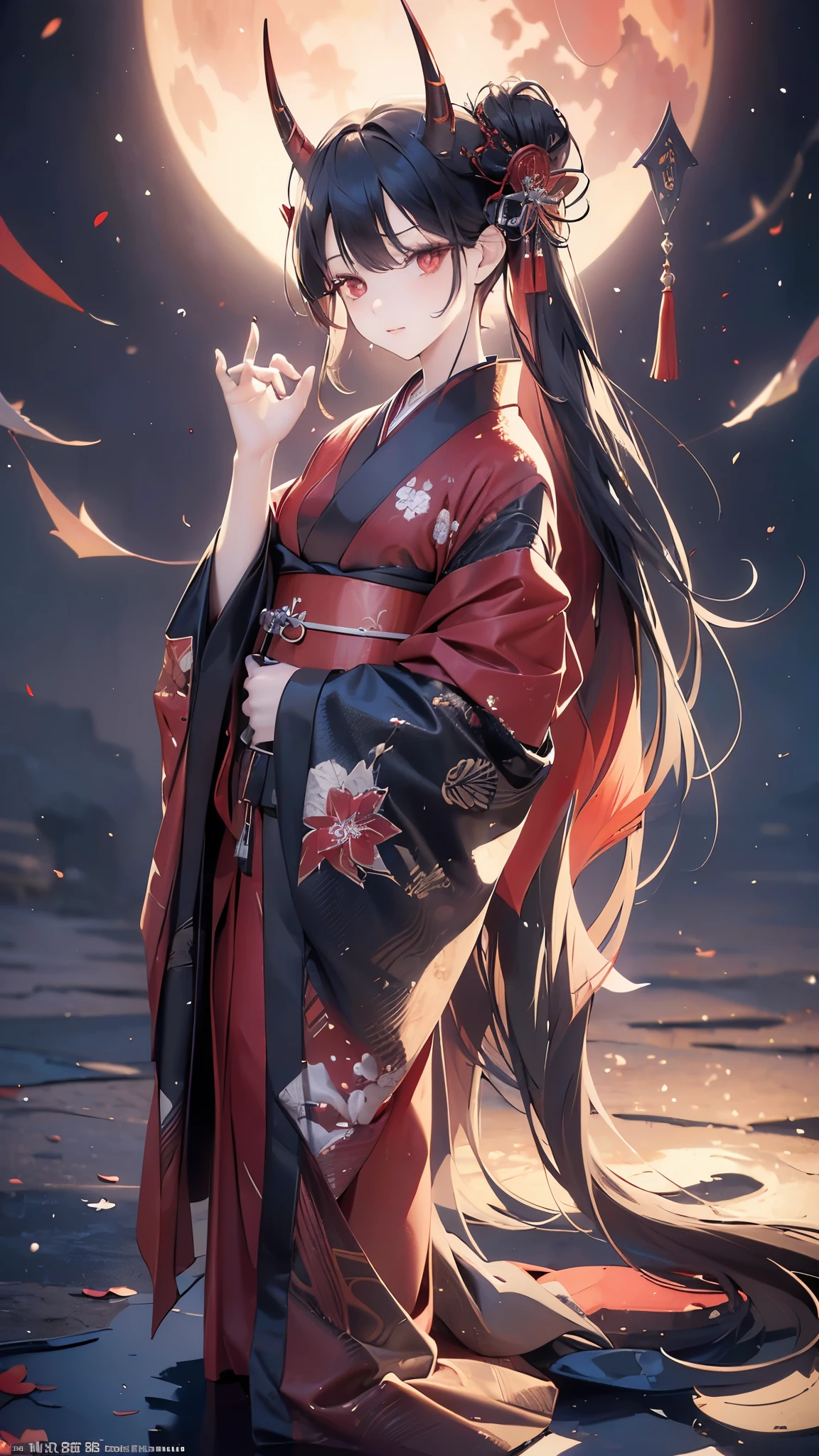 ((8K resolution))、((Highest quality))、((masterpiece))、((Very detailed))、 (Anatomically correct)、((theme、whole body:1.1)), One person、female、(Demon Horn、Tattoo on the neck、Red Eyes)、thin,((hair:long、straight、black)),(Red kimono、Collapsed)、background:Red Moon、night、autumn leaves、Small waterfall