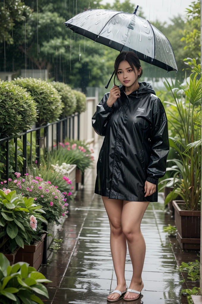 8K,high quality,high resolution,(tall),Plump,raining,(rain:1.2),garden,raincoat,plant,flower,,,