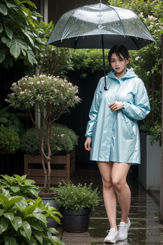 8K,high quality,high resolution,(tall),Plump,raining,(rain:1.2),garden,raincoat,plant,flower,,,