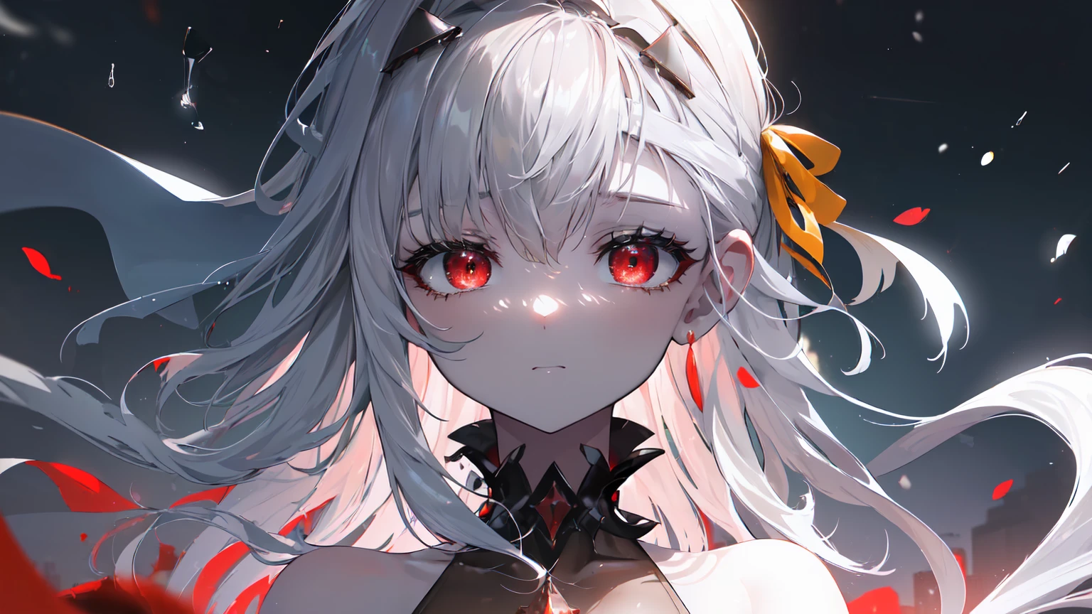 ((((Obra maestra, La mejor calidad, ultrahigh resolution)))), 1girl, standing,), ((long pure silver hair, hair over eye)), long hair cut, shiny skin, ((red eyes)), glowing_eyes, neon eyes, (ultra detailed eyes:0.7, beautiful and detailed face, detailed eyes:0.9), ((centered)), smirk, facing viewer, ((vibrant background, dark lighting, summer, sunlight)), large chested, looking at viewer, ((half closed eyes)), ((perfect hands)), (((head:1, arms, hips in view, elbows, in view))), ((hands behind back)), empty eyes, beautiful lighting, ((outside, outdoors)), defined subject, head tilt, (((gritty)), ((creepy)), ((cool)), ((beautiful)), (((SFW))), hair ornament, petals in the air, moon in the sky, city, mature woman, adult woman, sfw, red and white dress, night dress, she is a princess,