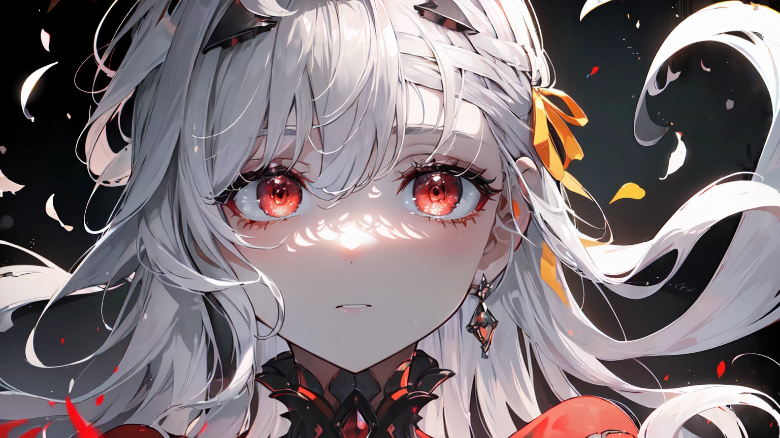 ((((Obra maestra, La mejor calidad, ultrahigh resolution)))), 1girl, standing,), ((long pure silver hair, hair over eye)), long hair cut, shiny skin, ((red eyes)), glowing_eyes, neon eyes, (ultra detailed eyes:0.7, beautiful and detailed face, detailed eyes:0.9), ((centered)), smirk, facing viewer, ((vibrant background, dark lighting, summer, sunlight)), large chested, looking at viewer, ((half closed eyes)), ((perfect hands)), (((head:1, arms, hips in view, elbows, in view))), ((hands behind back)), empty eyes, beautiful lighting, ((outside, outdoors)), defined subject, head tilt, (((gritty)), ((creepy)), ((cool)), ((beautiful)), (((SFW))), hair ornament, petals in the air, moon in the sky, city, mature woman, adult woman, sfw, red and white dress, night dress, she is a princess,