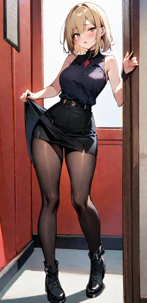 (masterpiece, best quality:1.2), 1girl, standing, long ash blonde hair, without black sleeveless short vest，black skirt，black leggings, skirt lift
