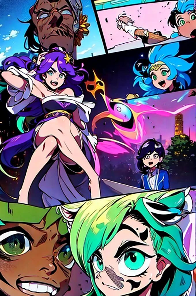 very beautiful and sensual star goddesses facing destiny with a camehame-ha. ((purple vs green color power))