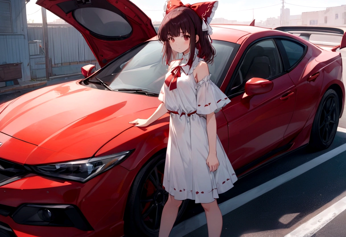 araffe girl in a white dress standing next to a red car, anime style 4 k, anime style. 8k, cute anime waifu in a nice dress, anime moe artstyle, 8k!, reimu hakurei, made with anime painter studio, guweiz, smooth anime cg art, badass anime 8 k, high quality anime artstyle