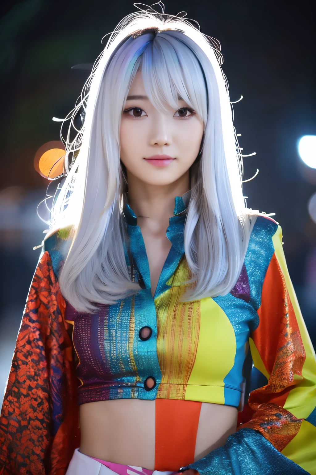 Masterpiece, high quality, high resolution, 8K, (solo:1.2), ((1girl)), Japanese woman, detailed face, detailed eyes, correct body structure, upper body, ((White hair:1.2)), very long hair, messy hair, slender body, seductive silhouette, luminous bones, depth of field, dark photo at nighttime, dimly lit, bangs, Cinematic Lighting, Tyndall effect, abstract background, futuristic outfits, vibrant colors, modern style, wide sleeves, artistic, unique patterns, colorful, stylish, trendy