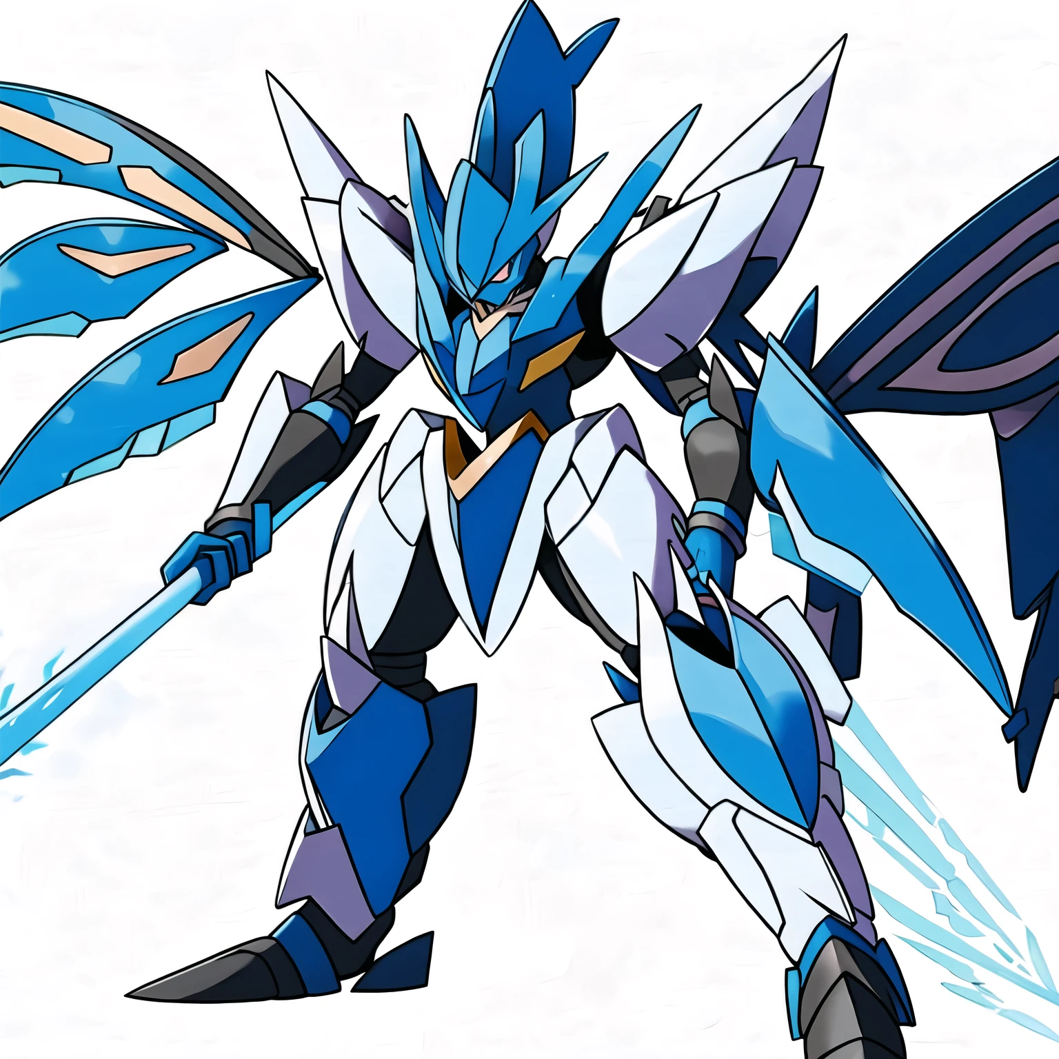 pokemon blue eyes colored sclera energy wings full body glowing glowing eyes helmet holding polearm horns ice lance looking at viewer mecha mechanical wings no humans pokemon \(creature\) polearm robot simple background solo spear spikes weapon white background
