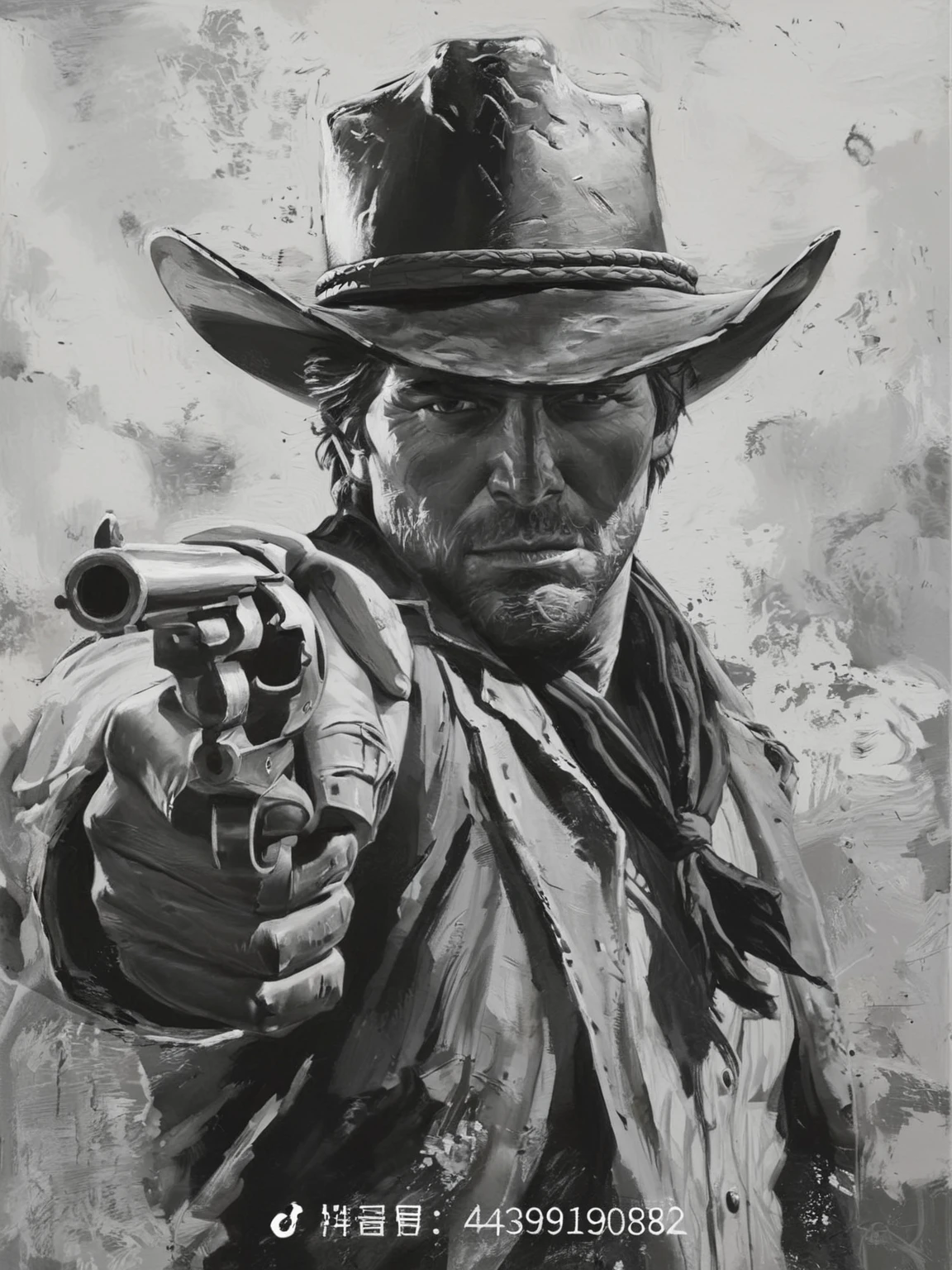 a painting of a man in a cowboy hat holding a gun, Red Undead redemption art style,, Jesse McCree, Western painting, cowboy portrait, [ Red Undead ], the Gunner, cowboy, Arthur Morgan, Western Art, western Gunner, Inspired by Clint Clearley, The Old West, Death Redemption, Gunner,Black and White，sketch