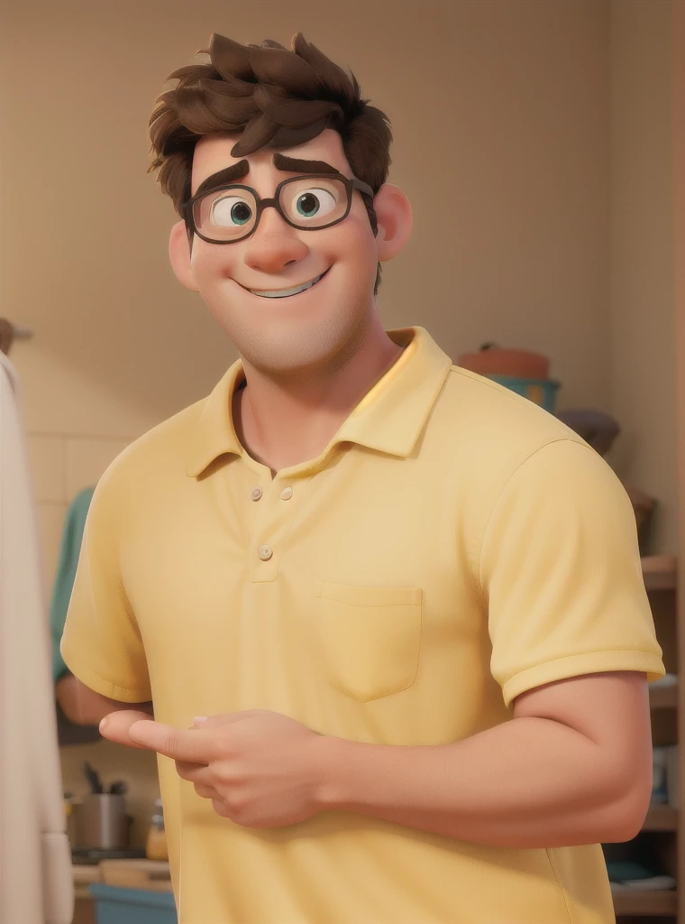 A man in a yellow shirt, disney pixar style, high qualiy, best qualityer