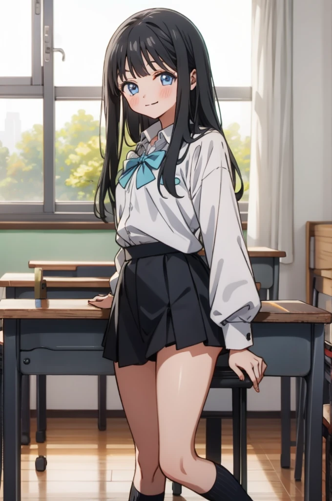 looking at viewer
akebi_black, 1girl, solo, smile, long hair, black hair, blue eyes, blush, , shirt, closed mouth, long sleeves, bangs,classroom,miniskirt,socks