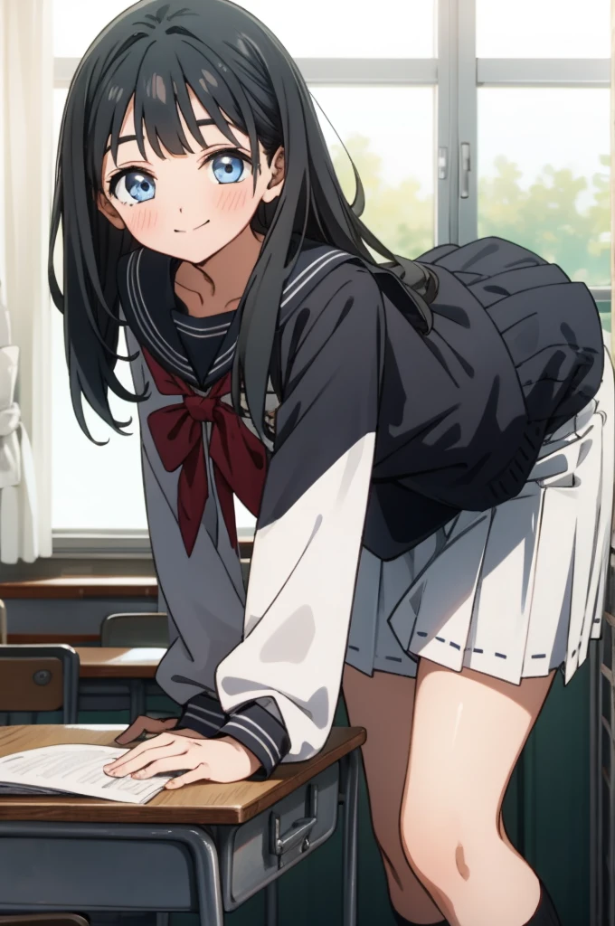  looking at viewer
 akebi_black, 1girl, solo, smile, long hair, black hair, blue eyes, blush, , shirt, closed mouth, long sleeves, bangs,classroom,miniskirt,socks,(((lift skirt,panties)))