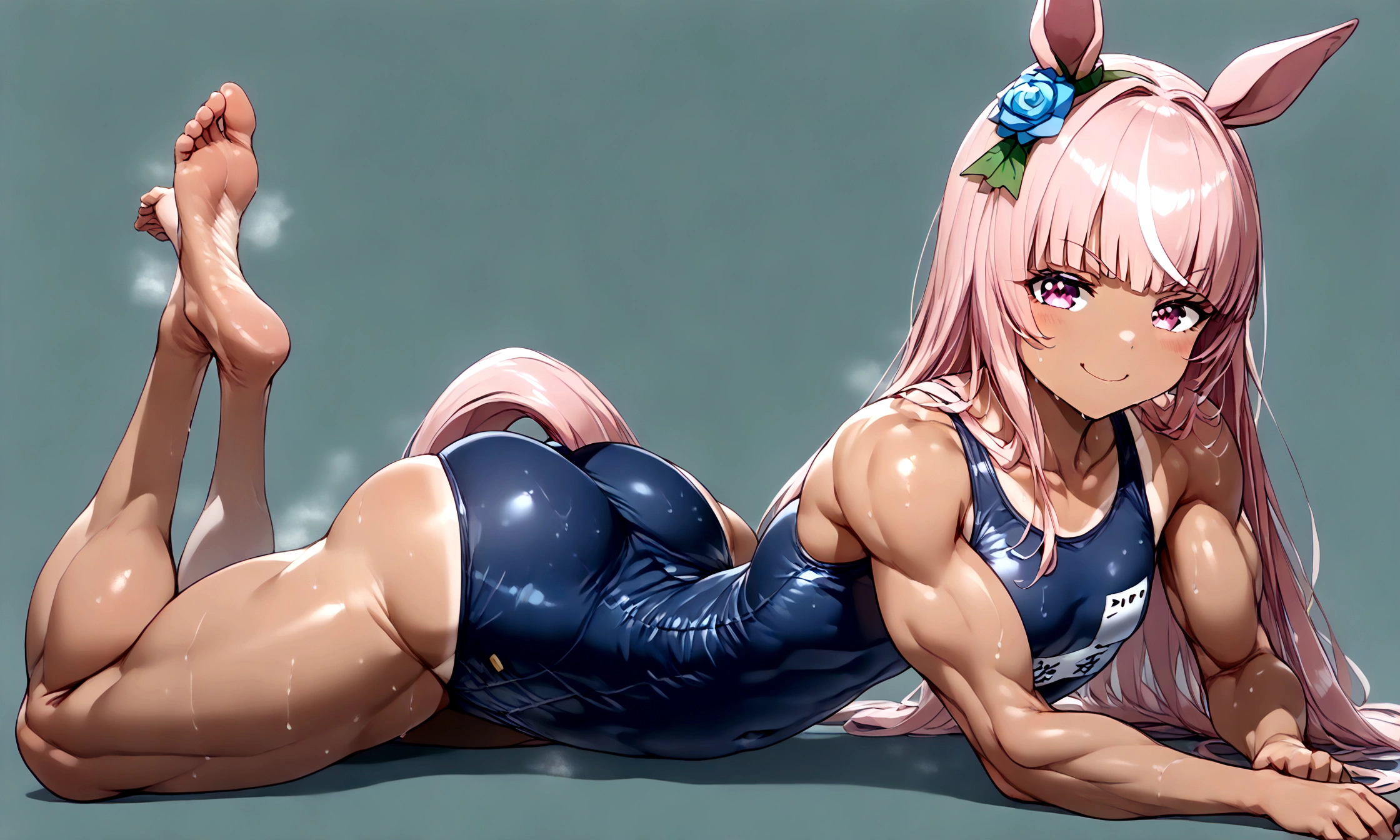 (((extremely young youthful tiny fastest agile child:1.4))) Urara Haru\(umamusume\),1girl, small breasts, laying on viewer, tan, sweaty, (amidst a stunning massive toned extremely powerful strong pronounced muscle tone pronounced tight side-defined build:1.3) with slim narrow  waist, wide muscular hips leaning forward,pointed, feet to viewer feet sole,horse girl, horse tail, Pink hair, Pink eyes, horse ears, long hair, Smug mouth, (toned tight hypermuscular supermassive ripped swole abs toned pronounced extremely tight defined stunning pronounced toned side-defined build:1.4) ,nose (((solo, wearing a ultra-detailed realistic wet way too small tight Neopren Texture Naviblue  one-piece Japanese small  school swimsuit that has grown out of size much too small barely fits and presses the skin ab lines:1.4))), (Solo extremely youthful absurdly insane physical small tiny body, very extreme supermassive swole oversized booty hips pelvis butt, extremely powerful toned pronounced swole overpowering Race horse legs:1.4)