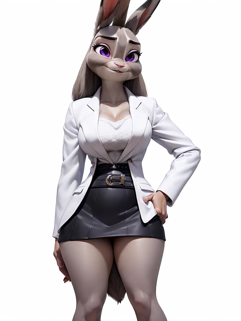 best quality,
masterpiece,
super detail,
3D,
Portrait,
fun atmosphere,
furry woman,
anthropomorphic female,
bloom office, 

(Face is JudyHopps:1.4),
(straight hair:1.3),
(bangs:1.3),
bright purple eyes,
(arched eyebrows:1.3),
(uplift eyebrows:1.1),
(rabbit ears:1.1),

Body is NamiFinal, 
Body covered with rabbit fur,
(body is gray with fluffy and fluffy:1.3),
(skin is wool fabric with fluffy and fluffy:1.3),

office lady is wearing suit,
((White blouse)),
((Black blazer jacket)),
((Black skirt)),
clothes made of cotton,

(solo:1.5),
(1 lady:1.5),
one character only