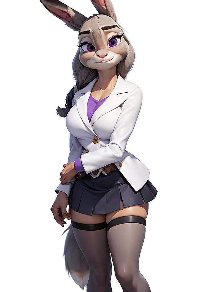 best quality,
masterpiece,
super detail,
3D,
Portrait,
fun atmosphere,
furry woman,
anthropomorphic female,
bloom office,
(Face is JudyHopps:1.4),
(straight hair:1.3),
(bangs:1.3),
bright purple eyes,
(arched eyebrows:1.3),
(uplift eyebrows:1.1),
(rabbit ears:1.1),
Body is NamiFinal,
Body covered with rabbit fur,
(body is gray with fluffy and fluffy:1.3),
(skin is wool fabric with fluffy and fluffy:1.3),
office lady is wearing suit,
((White blouse)),
((Black blazer jacket)),
((Black skirt)),
clothes made of cotton,
(solo:1.5),
(1 lady:1.5),
one character only