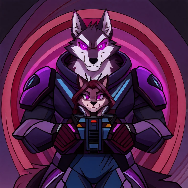 (masterpiece, best quality: 1.2), Vortex Hellhound, a bodyguard, wolf, furry, an amazing boss, hypnotized with glowing purple eyes, serious and angry face, wearing futuristic armor, using a pulse rifle, an energy rifle, a futuristic assault rifle, arresting a female hellhound with normal eyes and white fur, wearing civilian clothes