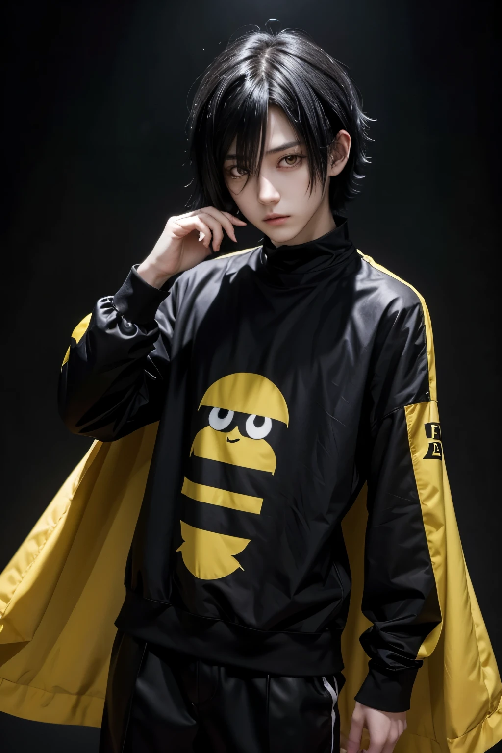 Young anime man black hair long black emo clothes yellow eyes