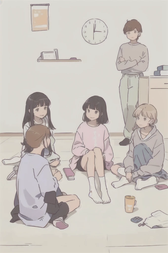 There are a lot of people sitting on the floor of the room, Smooth animated illustrations, Today&#39;s recommended animation stills, In the art style of 80&#39;s animation, DDLC, sankakucomplex anime image, Afternoon hangout, nekomimi, Flat animation style, anime aesthetic, slice of life animation, anime cat girl, cute animation, anime scene, still in animation