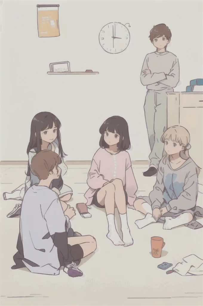 There are a lot of people sitting on the floor of the room, Smooth animated illustrations, Today's recommended animation stills, In the art style of 80's animation, DDLC, sankakucomplex anime image, Afternoon hangout, nekomimi, Flat animation style, anime aesthetic, slice of life animation, anime cat girl, cute animation, anime scene, still in animation