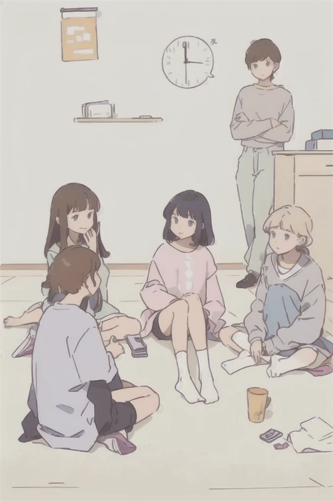 There are a lot of people sitting on the floor of the room, Smooth animated illustrations, Today's recommended animation stills, In the art style of 80's animation, DDLC, sankakucomplex anime image, Afternoon hangout, nekomimi, Flat animation style, anime aesthetic, slice of life animation, anime cat girl, cute animation, anime scene, still in animation