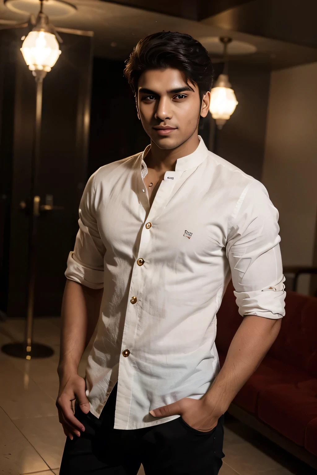A young very handsome 23 years old Indian boy very handsome and fair glowing skin with stylish full pic standing stunning look