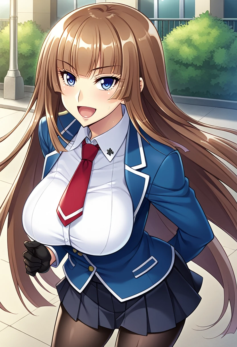 score_9, score_8_up, score_7_up, score_6_up, source_anime, game cg, aoi_nagisa_\(metalder\), BREAK solo, 1girl, koukawa asuka, brown hair, long hair, blue eyes, large eyes, bangs, side bangs, (huge breasts:0.8), medium body, BREAK school_uniform, blue jacket, (white collared blouse:1.1), tight clothes, red long necktie, black gloves, black pleated skirt, black pantyhose, BREAK happy, open mouth, outside, street, cowboy shot,