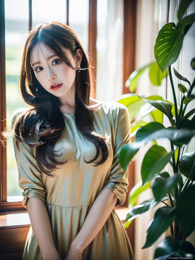 (best quality,4k,8k,highres,masterpiece:1.3),ultra-detailed,(realistic,photorealistic,photo-realistic:1.37),1 girl,beautiful detailed eyes,beautiful detailed lips,extremely detailed face,long eyelashes,medium:oil painting,soft lighting,impressionistic style,red colors,beautifully shalwar kameez dressed,wistful expression,standing with one hand on the window frame,gentle breeze blowing her hair,warm sunlight streaming through the window,green plants visible outside the window,soft curtains framing the girl,peaceful atmosphere,serene and tranquil ambiance