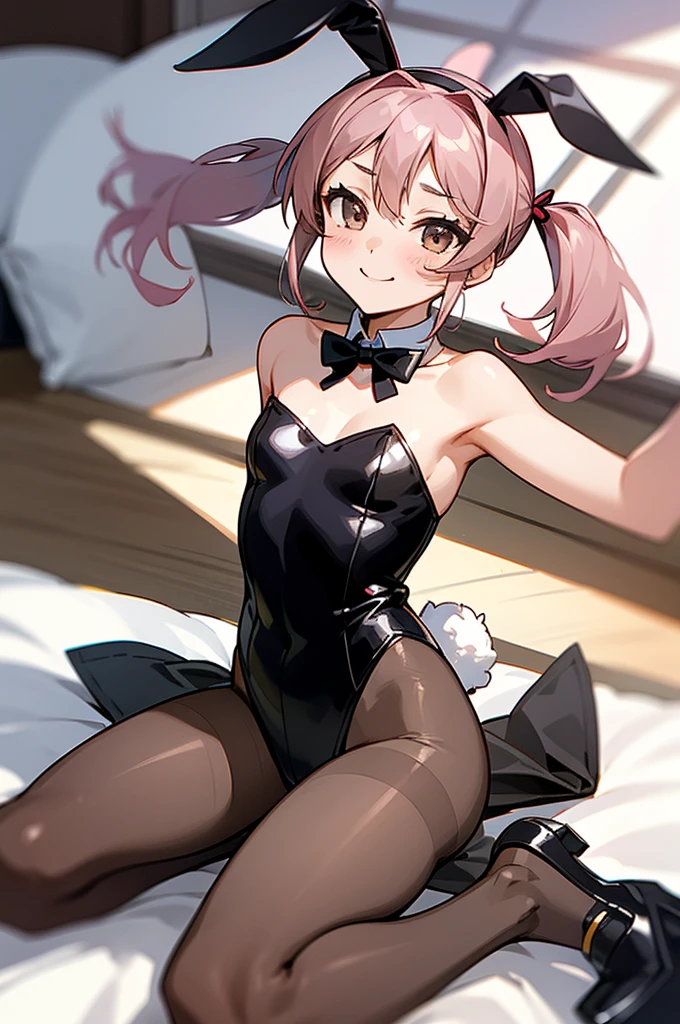 1girl, solo, rabbit ears,, black rabbit ears, bunny-girl outfit, playboy bunny,, impish smile, ,flat breasts,(flat chest, ), leotard, pantyhose, black pantyhose, rabbit tail, indoors, on bed,,twintails,pink_hair,sazanami (kancolle)