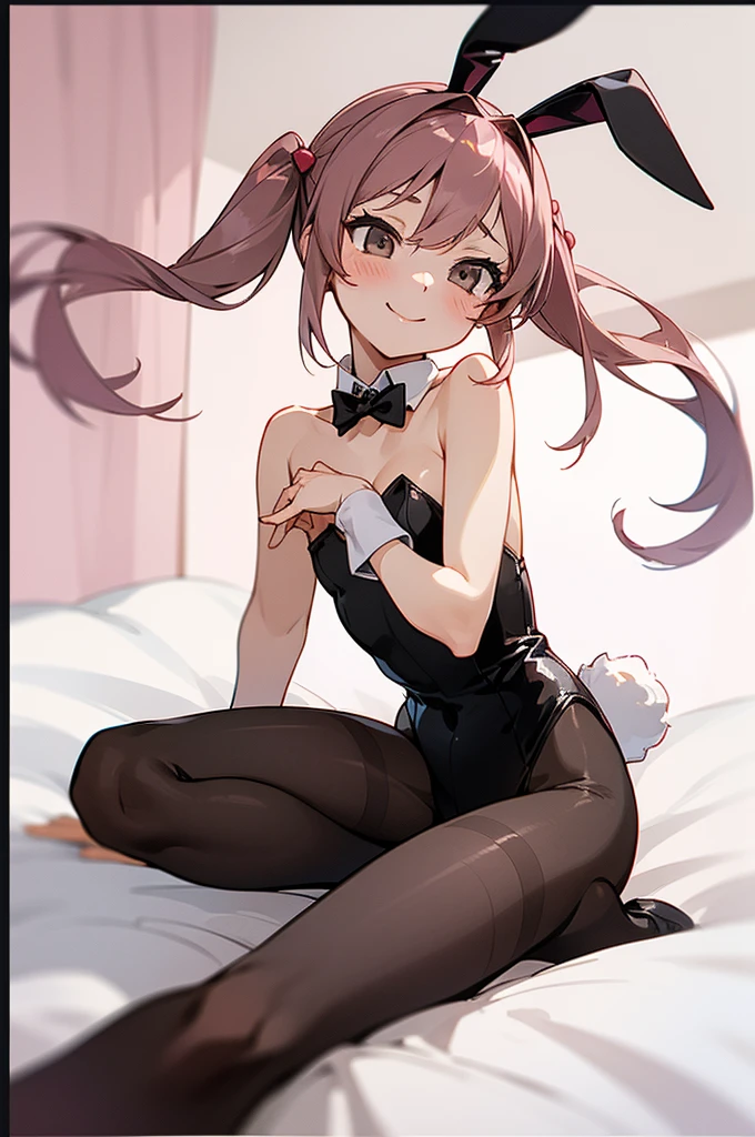 1girl, solo, rabbit ears,, black rabbit ears, bunny-girl outfit, playboy bunny,, impish smile, ,flat breasts,(flat chest, ), leotard, pantyhose, black pantyhose, rabbit tail, indoors, on bed,,twintails,pink_hair,sazanami (kancolle)