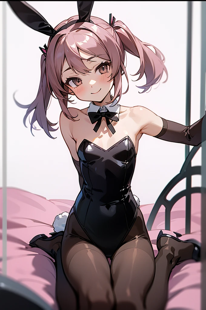 1girl, solo, rabbit ears,, black rabbit ears, bunny-girl outfit, playboy bunny,, impish smile, ,flat breasts,(flat chest, 5yo), leotard, pantyhose, black pantyhose, rabbit tail, indoors, on bed,,twintails,pink_hair,sazanami (kancolle)