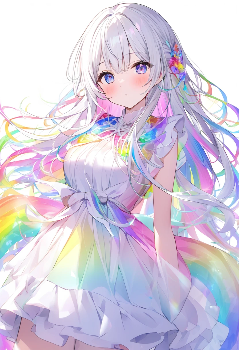 Rainbow colors、Bright colors、Colorful、mysterious、mysteriousな色、White Hair、Bright white hair、White Hairの毛、Rainbow colorsの髪、Long Hair、beautiful、Rainbow colorsの目、Bright colorsの目、Colorfulな目、beautifulな目、White background、White Background、、Rainbow colors、White clothing、