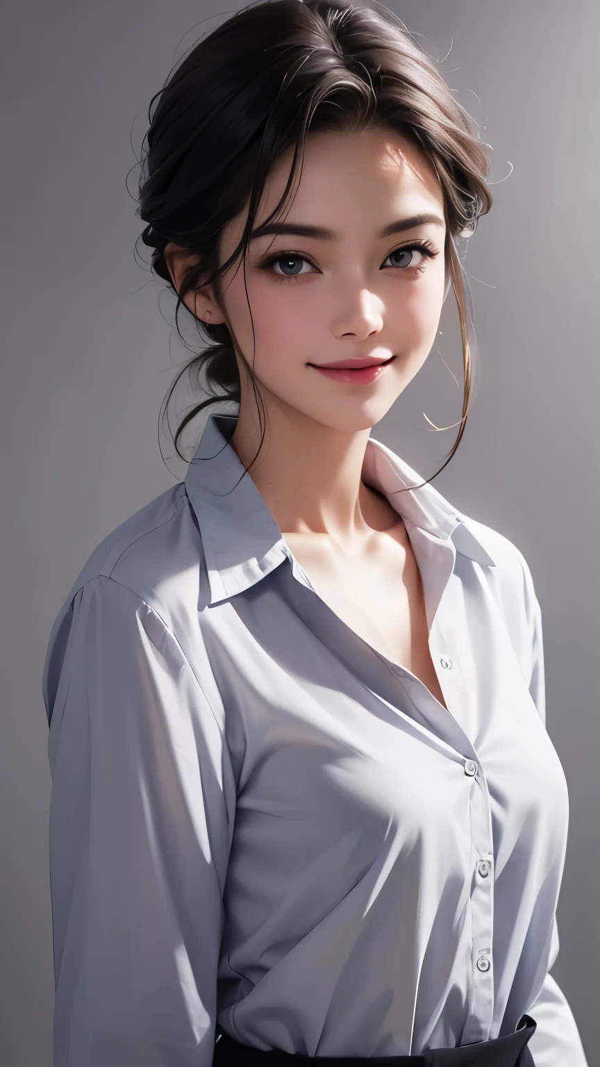 A woman wearing a loose, neat shirt is looking straight into the camera, Small breasts, The shirt is buttoned up to the top, Looking at the one you love and smiling, The background is a plain gray gradient, Close-up