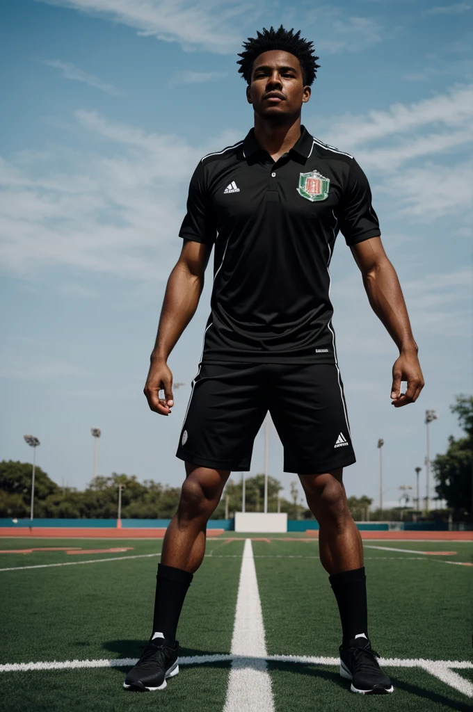 Black sports uniform with lines the color of the flag of Mexico