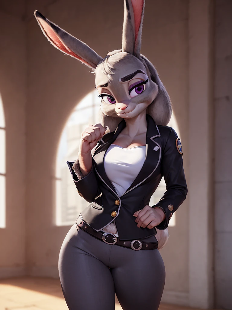best quality,
masterpiece,
super detail,
3D,
Portrait,
fun atmosphere,
furry woman,
anthropomorphic female,
fine coat,
bloom office,
(Face is JudyHopps:1.4),
(straight hair:1.3),
(see-through bangs:1.3),
wispy bangs,
bright purple eyes,
(arched eyebrows:1.3),
(uplift eyebrows:1.1),
(rabbit ears:1.1),
Body is NamiFinal,
Body covered with rabbit fur,
(body is gray with fluffy and fluffy:1.3),
(skin is wool fabric with fluffy and fluffy:1.3),
office lady is wearing suit,
((White blouse)),
((Black blazer jacket)),
((Black pants)),
clothes made of cotton,
(solo:1.5),
(1 lady:1.5),
one character only