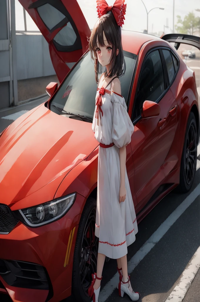 araffe girl in a white dress standing next to a red car, anime style 4 k, anime style. 8k, cute anime waifu in a nice dress, anime moe artstyle, 8k!, reimu hakurei, made with anime painter studio, guweiz, smooth anime cg art, badass anime 8 k, high quality anime artstyle