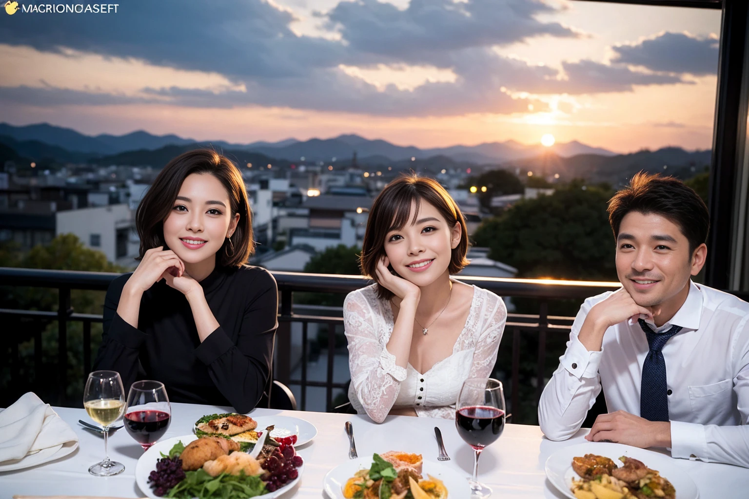 ((Highest quality、8K、masterpiece:1.3))、 (Ultra-realistic、 Genuine、Bright image、Intricate details:1.2), 最高のsmile、Slim Beauty、1 male 1 female、Beautiful couple、love love love、Lovers in Kyoto、Good friends、actress couple、smile、Full-course dinner at a packed table、 (Slim face), (the body is slim), (Brown Hair), (short hair), テーブルのwine glass、Please shine a light on my face、 Amazing view of the sunset sky and clouds、42 years old 39 years old, red wine 、Appetizers、Wine bottle、sparkling wine、Long sleeve shirt、dress、White wine, red wine, wine glass, 