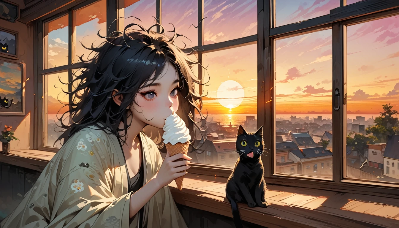 ((Masterpiece, high resolution, highest quality, highest quality real texture skin)), (1 girl), (wearing Japanese pattern headphones), (slender, double round and large Eyes, tongue slightly sticking out, beautiful lips, whole body), outer box: 1.2, (wearing Japanese pattern haori: 1.4, Japanese pattern shorts: 1.3) , (black hair, beautiful shiny hair, bob, beige skin), (((Slurping on a soft serve ice cream))), (((A cafe with a large window where you can see the sunset))), (((One black cat))), (Black hair, messy hair, beige skin), (surreal, digital painting)
