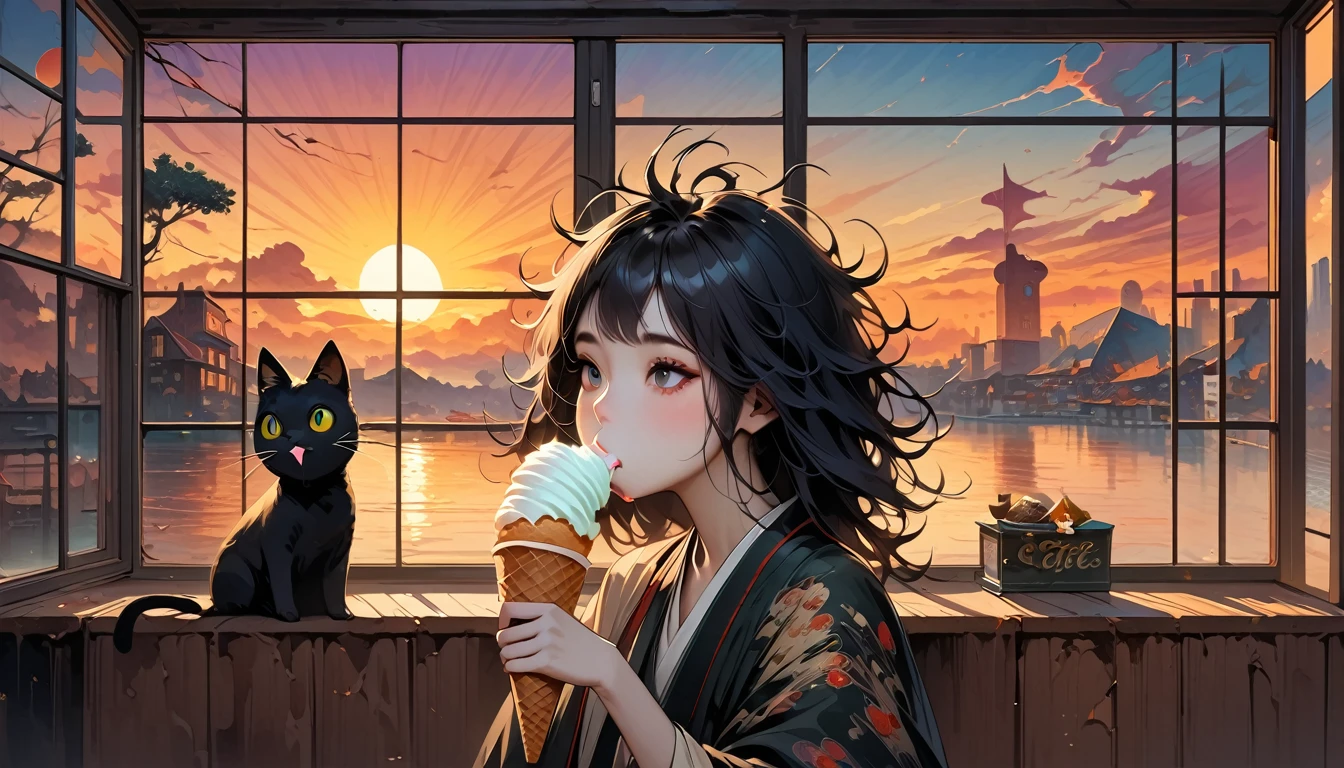 ((Masterpiece, high resolution, highest quality, highest quality real texture skin)), (1 girl), (wearing Japanese pattern headphones), (slender, double round and large Eyes, tongue slightly sticking out, beautiful lips, whole body), outer box: 1.2, (wearing Japanese pattern haori: 1.4, Japanese pattern shorts: 1.3) , (black hair, beautiful shiny hair, bob, beige skin), (((Slurping on a soft serve ice cream))), (((A cafe with a large window where you can see the sunset))), (((One black cat))), (Black hair, messy hair, beige skin), (surreal, digital painting)