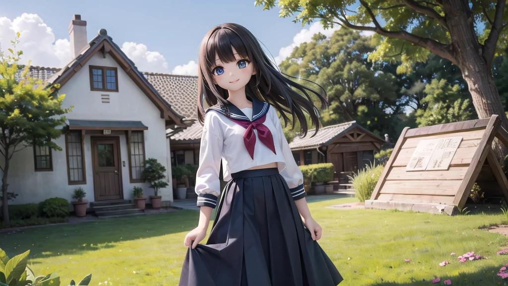 (masterpiece),  town,  blue sky,  One Girl,  smile,  alone,  Sailor suit、Long skirt,  Overgrown,  petal,  plant、Skirt lining、Translucent slip、Nostalgic