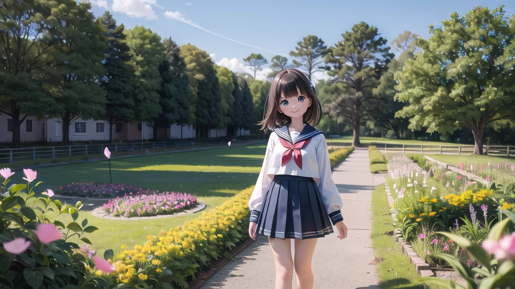 (masterpiece), town, blue sky, One Girl, smile, alone, Sailor suit、Long skirt, Overgrown, petal, plant、Skirt lining、Translucent slip、Nostalgic
