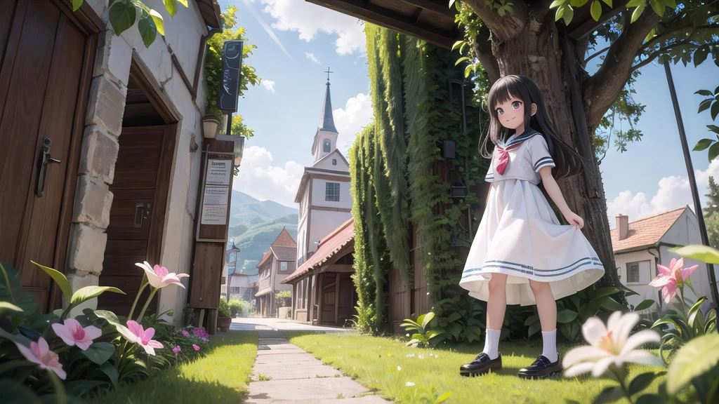 (masterpiece),  town,  blue sky,  One Girl,  smile,  alone,  Sailor suit、Long skirt,  Overgrown,  petal,  plant、Skirt lining、Translucent slip、Nostalgic