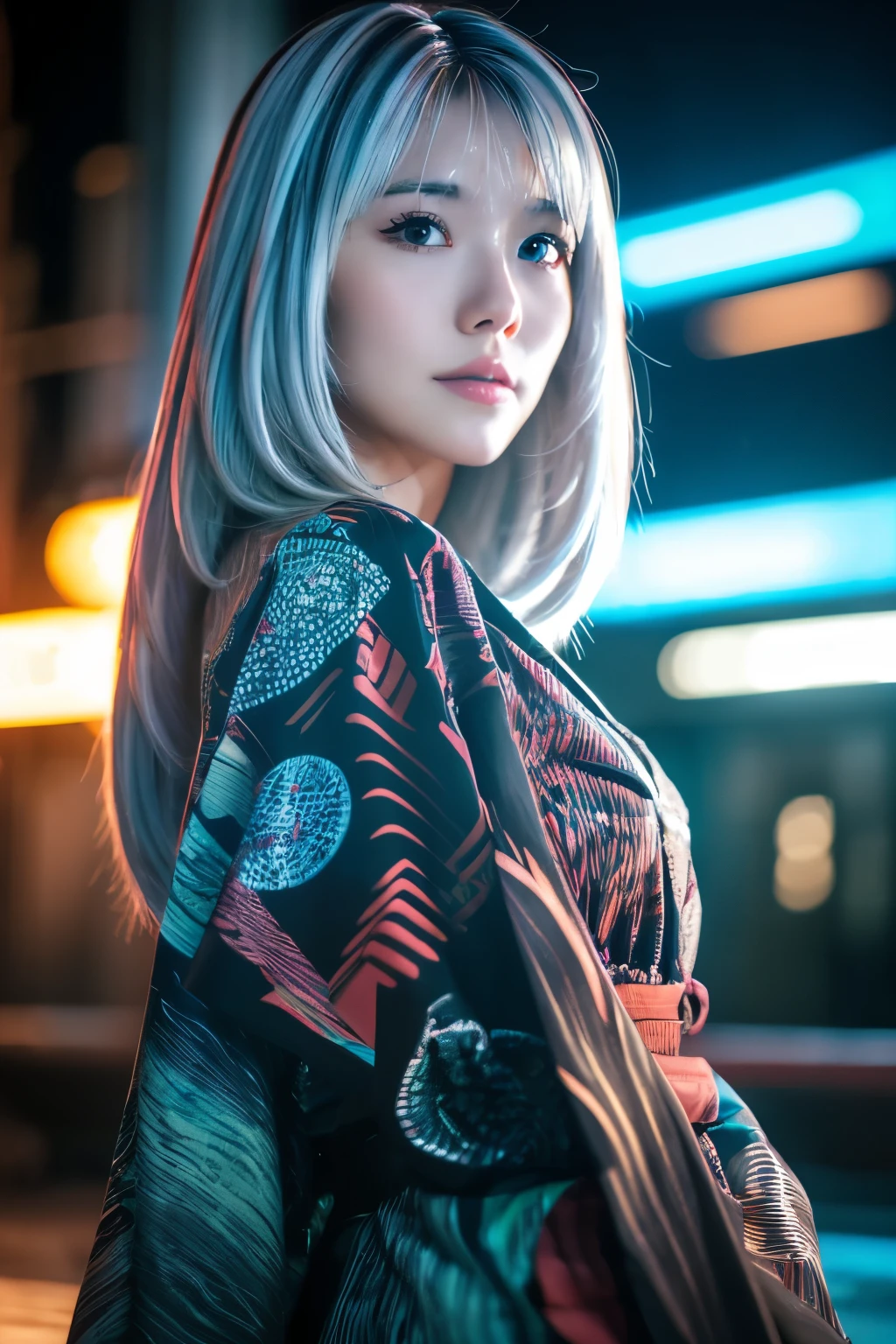 Masterpiece, high quality, high resolution, 8K, (solo:1.2), ((1girl)), Japanese woman, detailed face, detailed eyes, correct body structure, upper body, ((White hair:1.2)), very long hair, messy hair, slender body, seductive silhouette, luminous bones, depth of field, dark photo at nighttime, dimly lit, bangs, Cinematic Lighting, Tyndall effect, abstract background, futuristic outfits, vibrant colors, modern style, wide sleeves, artistic, unique patterns, colorful, stylish, trendy