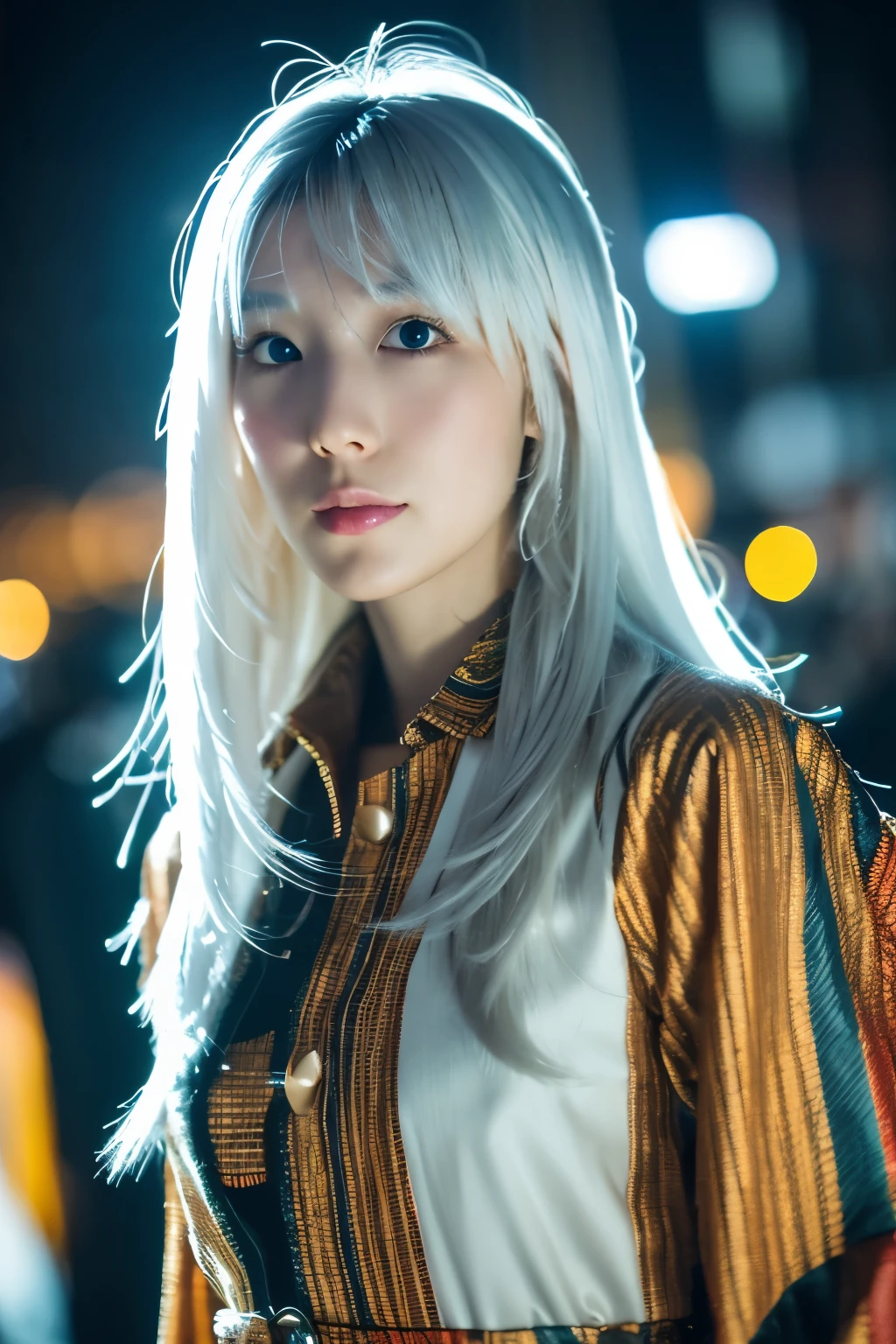 Masterpiece, high quality, high resolution, 8K, (solo:1.2), ((1girl)), Japanese woman, detailed face, detailed eyes, correct body structure, upper body, ((White hair:1.2)), very long hair, messy hair, slender body, seductive silhouette, luminous bones, depth of field, dark photo at nighttime, dimly lit, bangs, Cinematic Lighting, Tyndall effect, abstract background, futuristic outfits, vibrant colors, modern style, wide sleeves, artistic, unique patterns, colorful, stylish, trendy