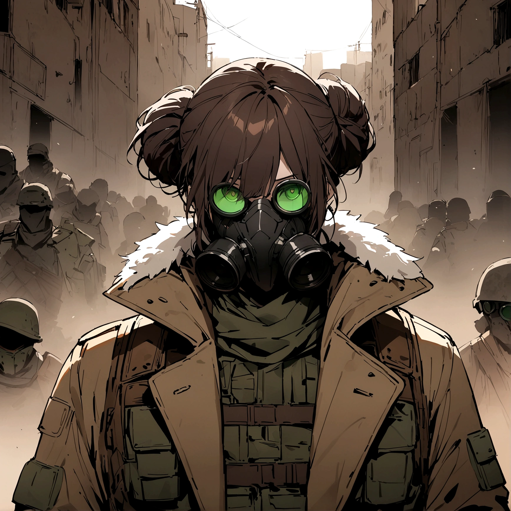 (masterpiece), best quality, faceless, hidden face, soldier, full face mask, green lenses, Male, Long Maroon hair, black M50 gasmask, brown leather fur lined duster coat, green tactical vest, black pants. green lenses, Brown coat, Dark brown coat, leather coat, Faceless, hidden face, cool, post apocalyptic soldier, brown coat, Flecktarn camouflage vest, Hairbun hairstyle, upper body, dark brown leather coat, solo, fur lined coat, overcoat, leather overcoat, portrait, green mask lenses, post apocalyptic soldier, PMC mercenary. Solo, Maroon hairbun hairstyle.