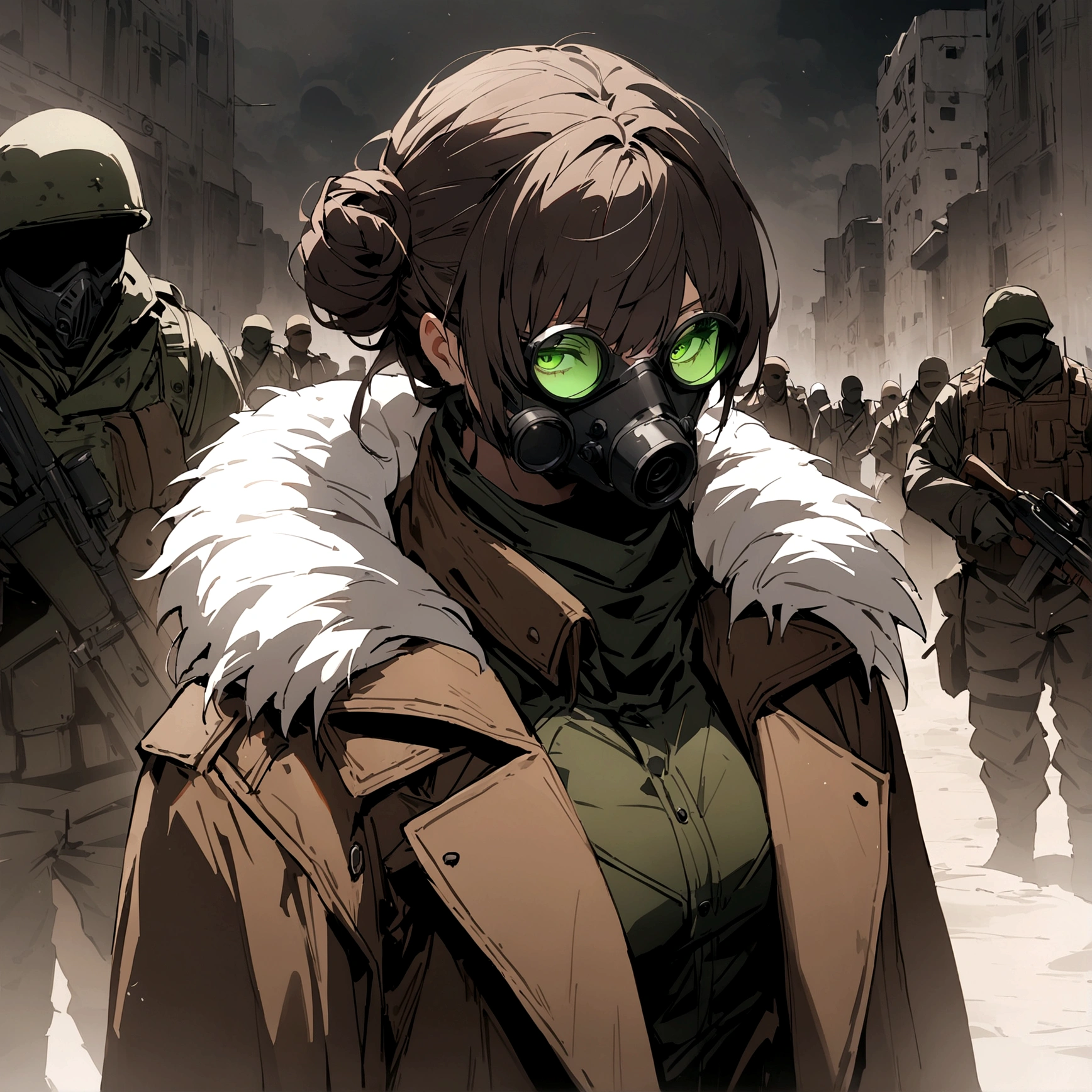 (masterpiece), best quality, faceless, hidden face, soldier, full face mask, green lenses, Male, Long Maroon hair, black M50 gasmask, brown leather fur lined duster coat, green tactical vest, black pants. green lenses, Brown coat, Dark brown coat, leather coat, Faceless, hidden face, cool, post apocalyptic soldier, brown coat, Flecktarn camouflage vest, Hairbun hairstyle, upper body, dark brown leather coat, solo, fur lined coat, overcoat, leather overcoat, portrait, green mask lenses, post apocalyptic soldier, PMC mercenary. Solo, Maroon hairbun hairstyle.