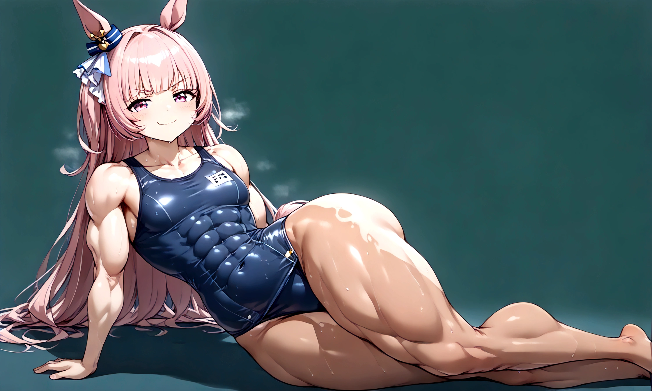 (((extremely young youthful tiny fastest agile child:1.4))) Urara Haru\(umamusume\),1girl, small breasts, laying on viewer, tan, sweaty, (amidst a stunning massive toned extremely powerful strong pronounced muscle tone pronounced tight side-defined build:1.3) with slim narrow waist, wide muscular hips leaning forward,pointed, feet to viewer feet sole,horse girl, horse tail, Pink hair, Pink eyes, horse ears, long hair, Smug mouth, (toned tight hypermuscular supermassive ripped swole abs toned pronounced extremely tight defined stunning pronounced toned side-defined build:1.4) ,nose (((solo, wearing a ultra-detailed realistic wet way too small tight Neopren Texture Naviblue one-piece Japanese small school swimsuit that has grown out of size much too small barely fits and presses the skin ab lines:1.4))), (Solo extremely youthful absurdly insane physical small tiny body, very extreme supermassive swole oversized booty hips pelvis butt, extremely powerful toned pronounced swole overpowering Race horse legs:1.4)