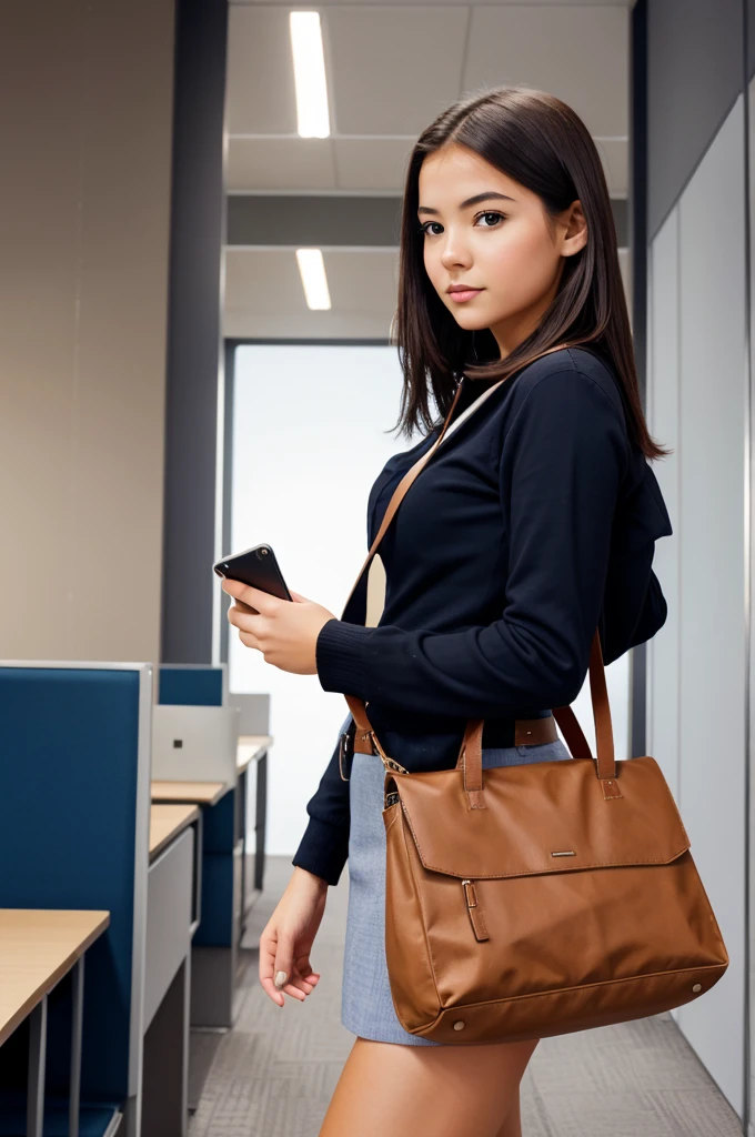 Generate an image of a girl with an office bag. 